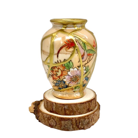Kintsugi Vase Mini Lusterware Floral Bird Gold Crack Occupied Japan Growth Gift - Picture 14 of 14